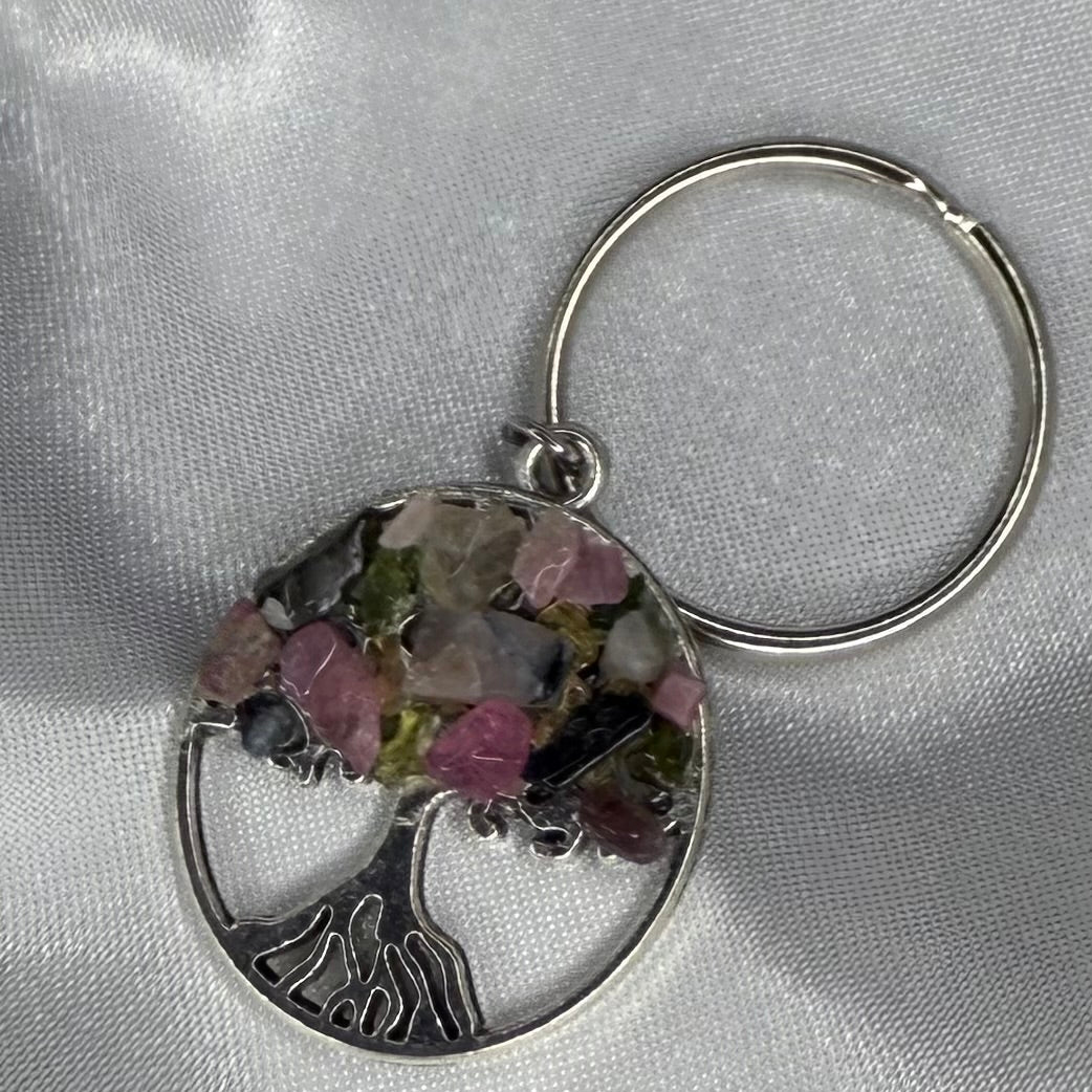 Mixed Tourmaline Crystal Chip Tree Keychain
