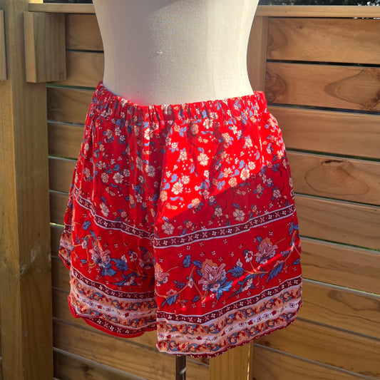 Red High Waist Boho Print Elastic Waist Frill Hem Shorts