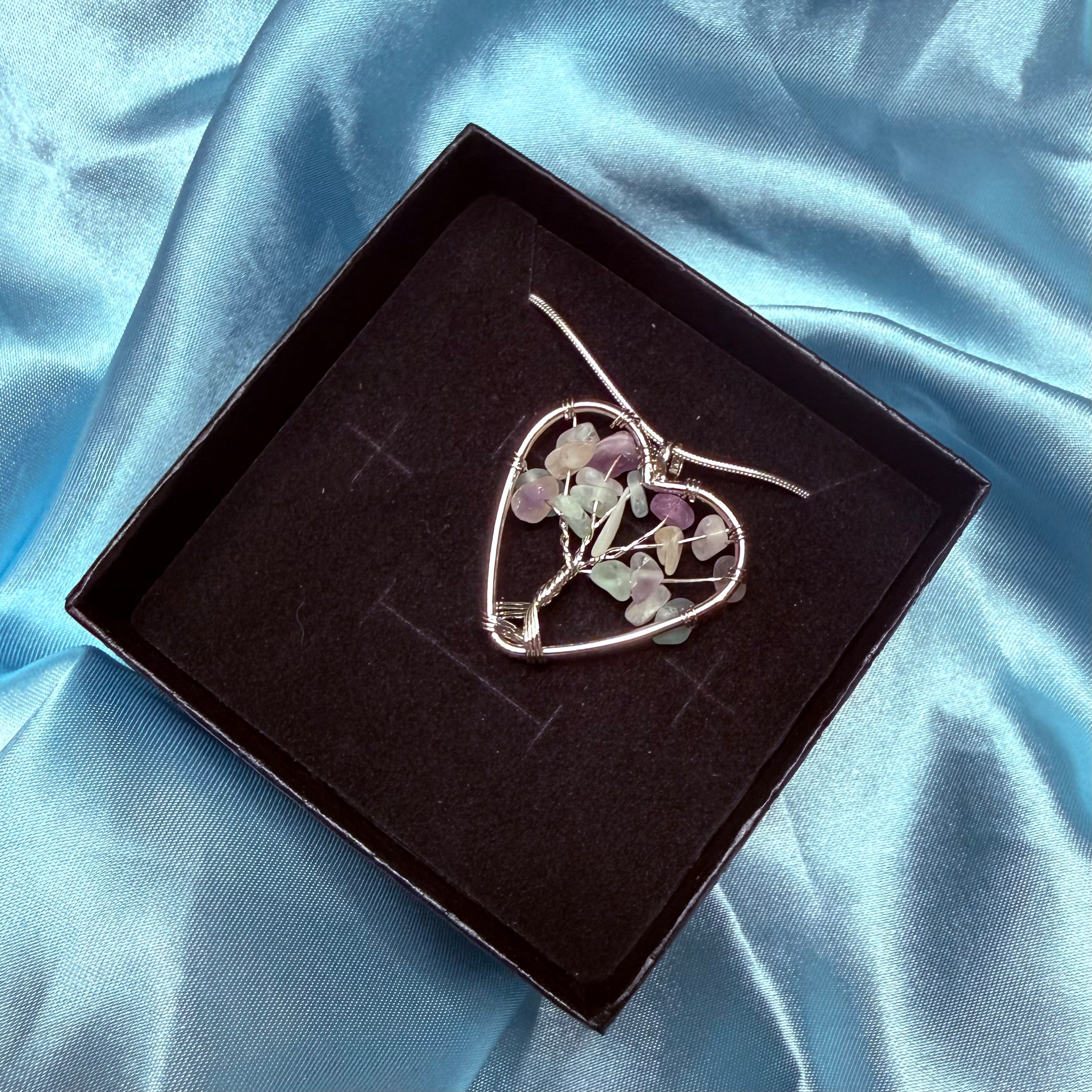 Mixed Flourite Heart Tree Of Life Necklace