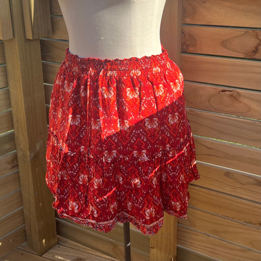 Red High Waist Boho Print Frill Hem Short Skater Skirt