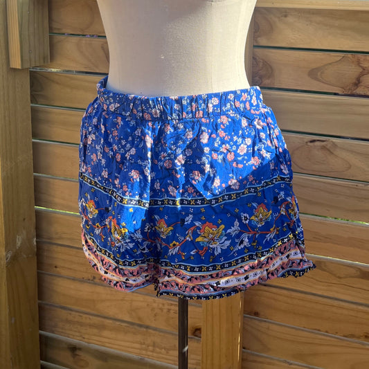 Blue High Waist Boho Print Elastic Waist Frill Hem Shorts